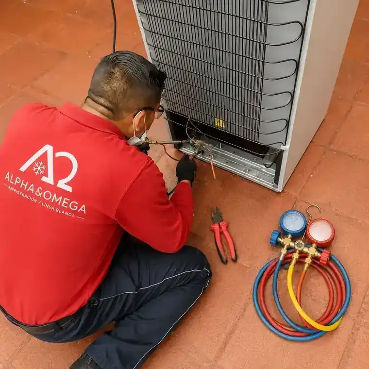 Técnico de Alpha&Omega reparando el sistema de refrigeración de un refrigerador